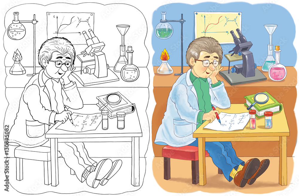 Professions. Coloring page. A cute scientist. Illustration for children