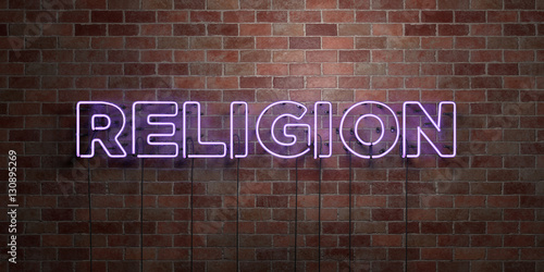 RELIGION - fluorescent Neon tube Sign on brickwork - Front view - 3D rendered royalty free stock picture. Can be used for online banner ads and direct mailers..
