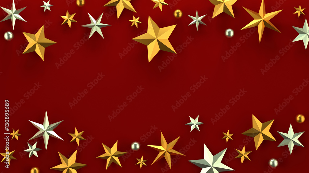 Christmas background with golden and silver stars on red