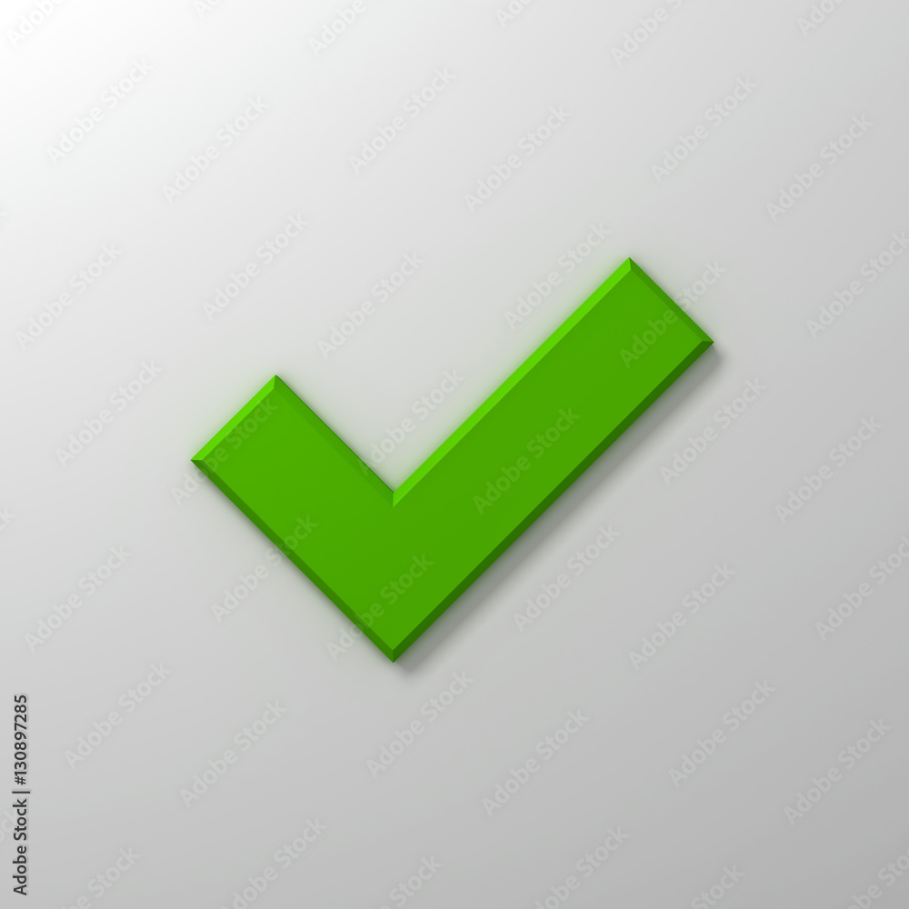 Green check mark or tick abstract on white wall background with shadow 3D rendering Green check mark or tick abstract on white wall background with shadow 3D rendering