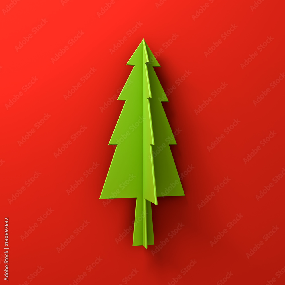 Green christmas tree on red background for christmas decoration with shadow 3D rendering Green christmas tree on red background for christmas decoration with shadow 3D rendering