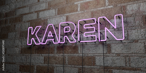 KAREN - Glowing Neon Sign on stonework wall - 3D rendered royalty free stock illustration.  Can be used for online banner ads and direct mailers..