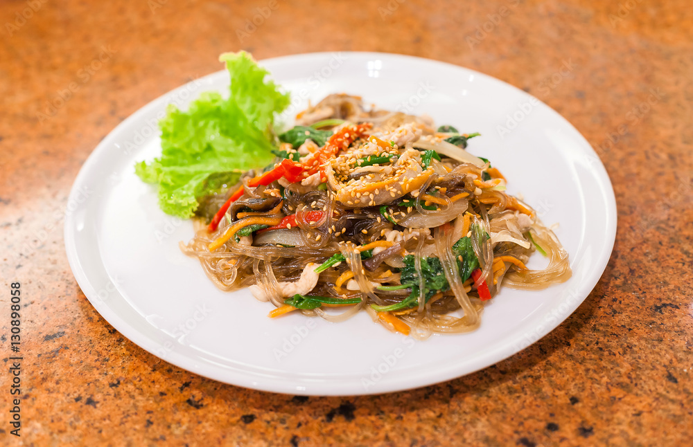 fried vermicelli with mushroom and white sesame on white plate, fried vermicelli with mushroom and white sesame on white plate,