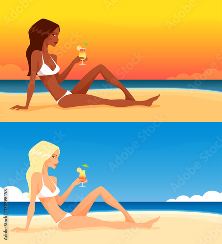 beautiful cartoon girl on the beach enjoying a drink