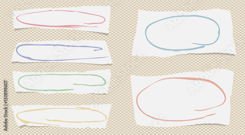 Ripped white notebook, note, copybook horizontal paper sheets with colorful doodle frames, stuck on squared background