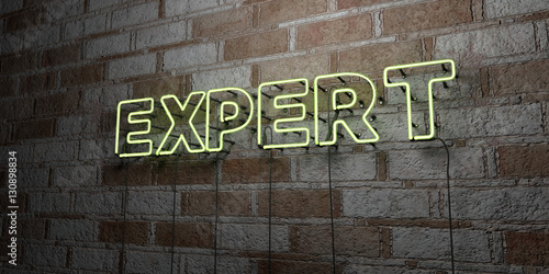 EXPERT - Glowing Neon Sign on stonework wall - 3D rendered royalty free stock illustration. Can be used for online banner ads and direct mailers..