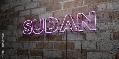 SUDAN - Glowing Neon Sign on stonework wall - 3D rendered royalty free stock illustration. Can be used for online banner ads and direct mailers..