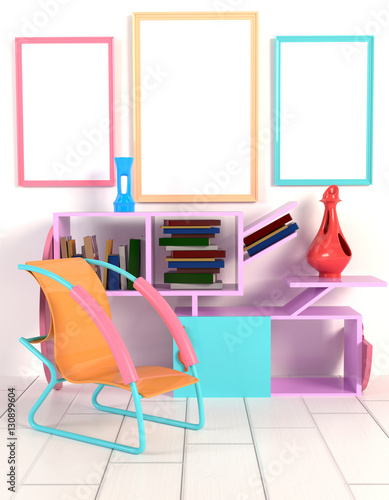 3D illustration of the interior in the style of Memphis. Frame,