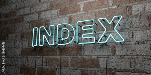 INDEX - Glowing Neon Sign on stonework wall - 3D rendered royalty free stock illustration.  Can be used for online banner ads and direct mailers..
