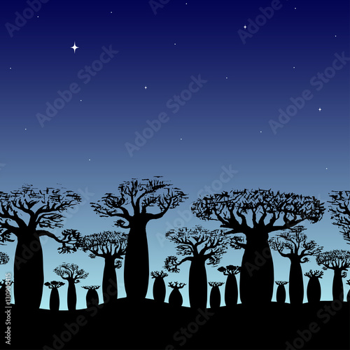 seamless decorative border of baobabs silhouette on night sky wi