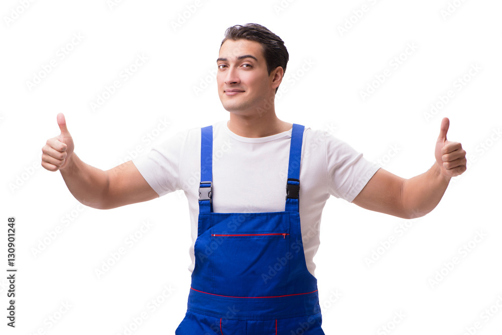 Handsome repairman wearing coveralls isolated on white Handsome repairman wearing coveralls isolated on white