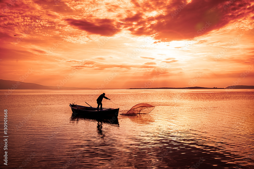 Fisherman working in famous lake in uluabat at Golyazi, Bursa, Turkey