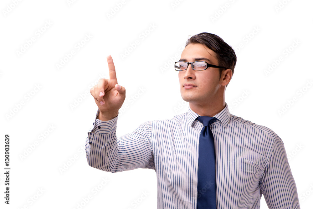 Young handsome businessman pressing buttons isolated on white Young handsome businessman pressing buttons isolated on white