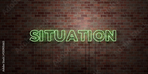 SITUATION - fluorescent Neon tube Sign on brickwork - Front view - 3D rendered royalty free stock picture. Can be used for online banner ads and direct mailers..