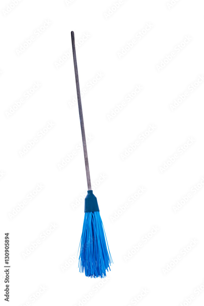 Blue synthetic broom with wooden handle on white background Blue synthetic broom with wooden handle on white background