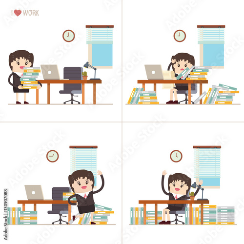 set of cartoon businesswoman enjoyable workday in a workplace in various activity. manager have time management skill and she stay balanced at work as well..