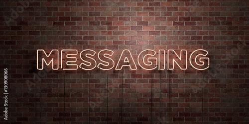 MESSAGING - fluorescent Neon tube Sign on brickwork - Front view - 3D rendered royalty free stock picture. Can be used for online banner ads and direct mailers..