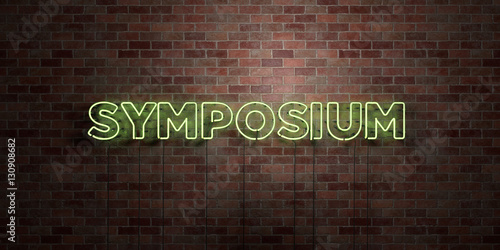 SYMPOSIUM - fluorescent Neon tube Sign on brickwork - Front view - 3D rendered royalty free stock picture. Can be used for online banner ads and direct mailers.. photo