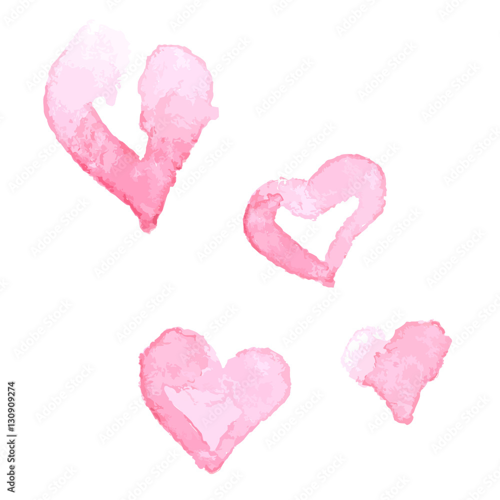 Heart watercolor hearts set of different shapes in watercolor technique, design elements. Vector