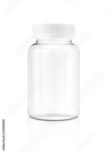 Blank clear glass supplement bottle isolated on white background