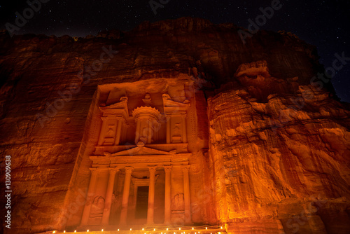 Al Khazneh - the treasury, ancient city of Petra by night, Jorda