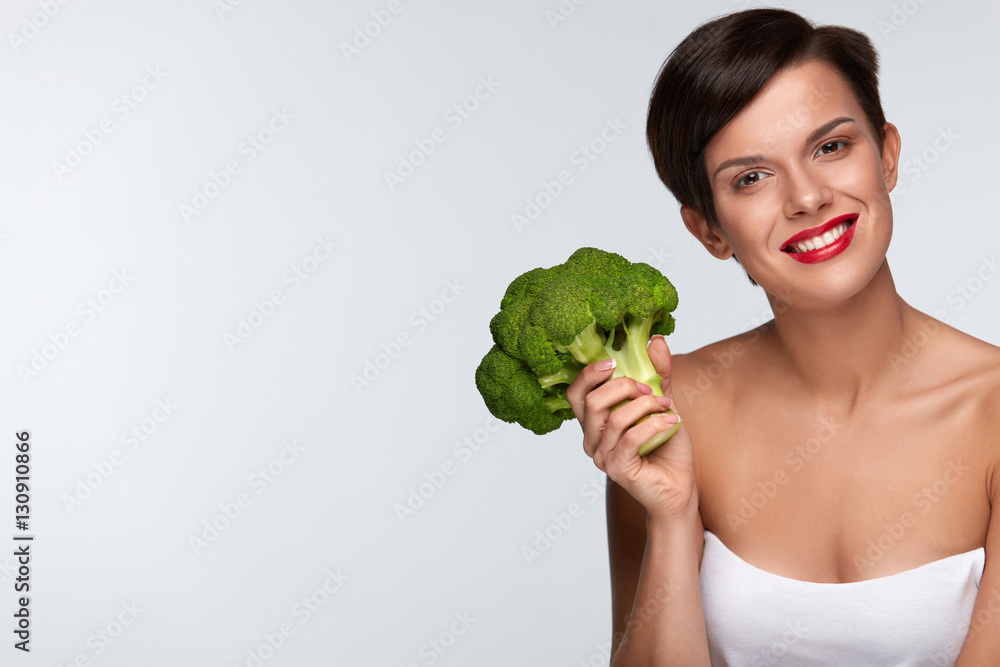 Diet. Beautiful Smiling Woman With Green Broccoli, Healthy Food Diet. Beautiful Smiling Woman With Green Broccoli, Healthy Food