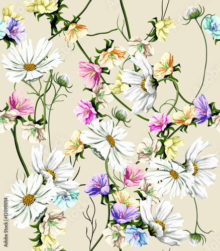Fototapeta Naklejka Na Ścianę i Meble -  Watercolor poppy, cornflower, daisy wild flowers background