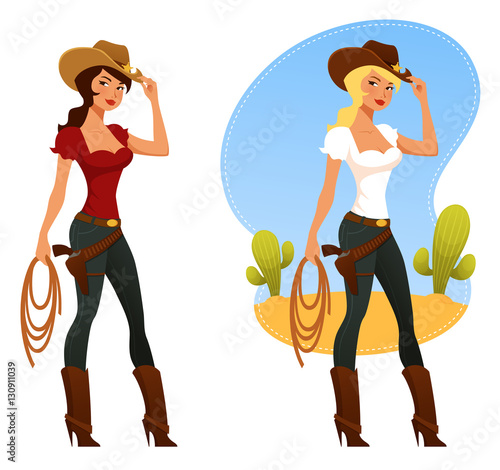 cute cartoon rodeo girls with lasso and cowboy hat