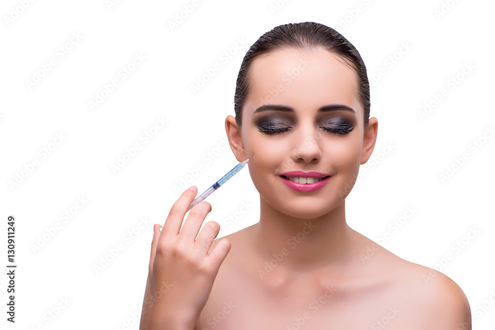 Woman undergoing plastic surgery isolated on white