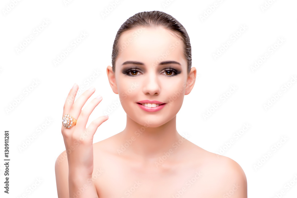 Woman with engagement ring isolated on white Woman with engagement ring isolated on white