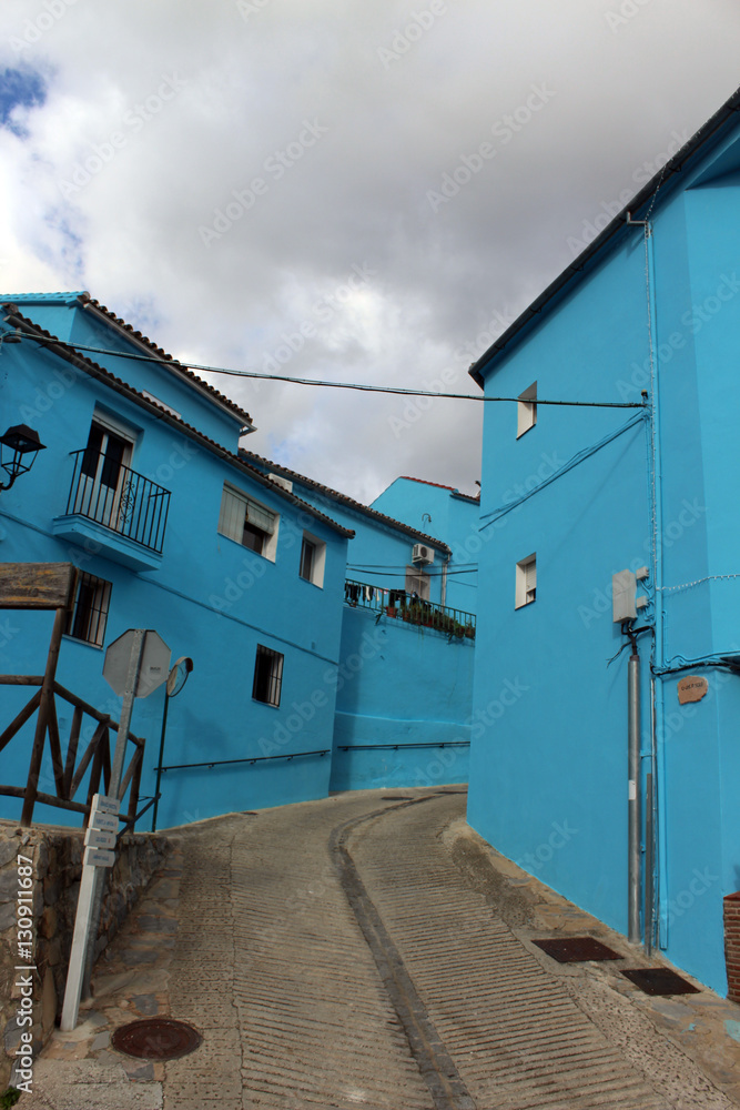 village with blue houses