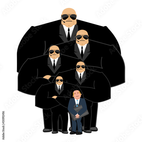 Businessman with bodyguards. VIP protection. Black suit and hand