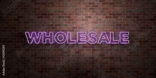 WHOLESALE - fluorescent Neon tube Sign on brickwork - Front view - 3D rendered royalty free stock picture. Can be used for online banner ads and direct mailers..