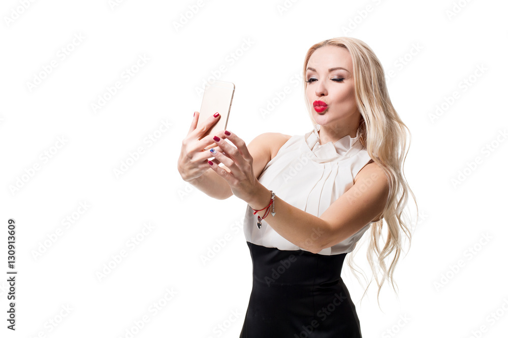 blonde doing selfie on isolated white background blonde doing selfie on isolated white background