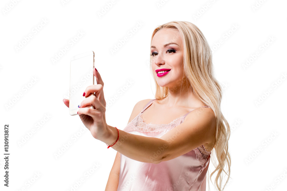 Blonde Doing Selfie On Isolated White Background Stock Photo Adobe Stock Blonde Doing Selfie On Isolated White Background Stock Photo Adobe Stock