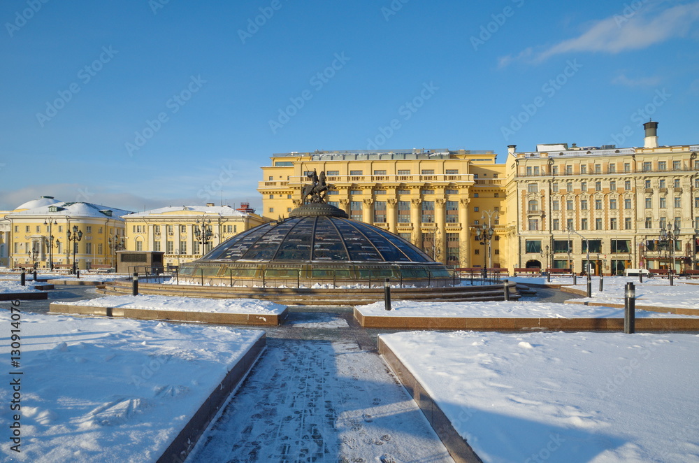 Moscow, Russia - December 16: Manege square. Fountain 