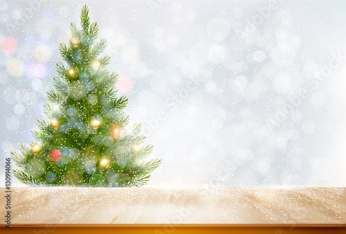 Holiday background with a Christmas tree and colorful balls. Vec