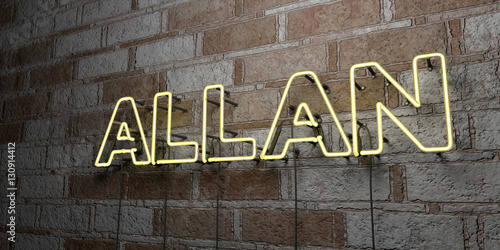Bild auf Leinwand ALLAN - Glowing Neon Sign on stonework wall - 3D rendered royalty free stock illustration