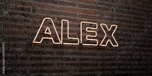 ALEX -Realistic Neon Sign on Brick Wall background - 3D rendered royalty free stock image. Can be used for online banner ads and direct mailers..