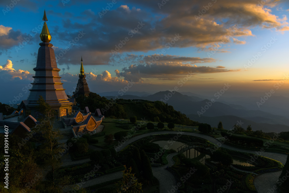 Thai temple on the top of mountain in chiangmai,Thailand. Landmark twin pagoda in doi Inthanon national park