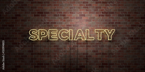 SPECIALTY - fluorescent Neon tube Sign on brickwork - Front view - 3D rendered royalty free stock picture. Can be used for online banner ads and direct mailers..