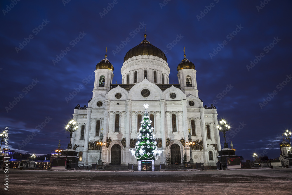 Christmas tree near the Cathedral of Christ the Savior in the late evening, Moscow, Russia