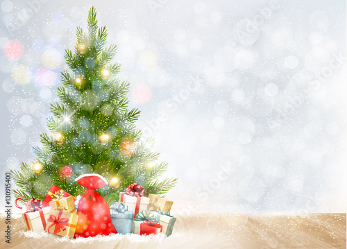 Holiday background with a Christmas tree and presents. Vector