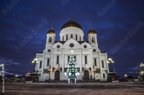 Christmas tree near the Cathedral of Christ the Savior in the late evening, Moscow, Russia
