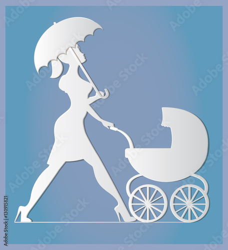 Nanny. Woman walking with a baby carriage. Paper art 