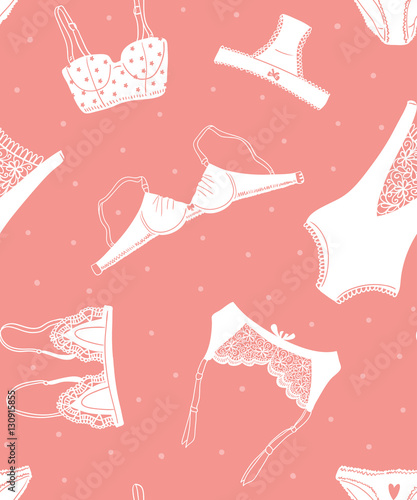 Seamless pattern of icons of women's underwear on a pink background with dots, hand-drawn design. Vector illustration.