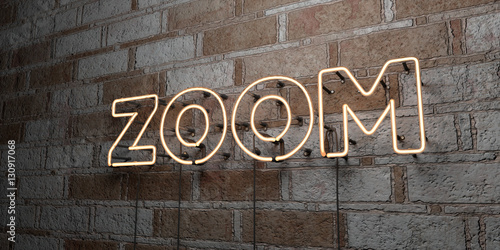 ZOOM - Glowing Neon Sign on stonework wall - 3D rendered royalty free stock illustration. Can be used for online banner ads and direct mailers..