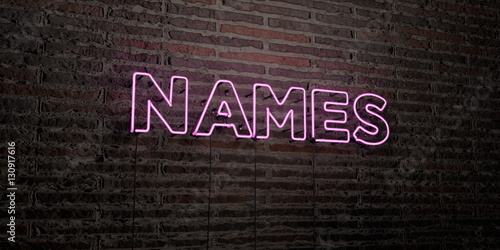 NAMES -Realistic Neon Sign on Brick Wall background - 3D rendered royalty free stock image. Can be used for online banner ads and direct mailers.. photo