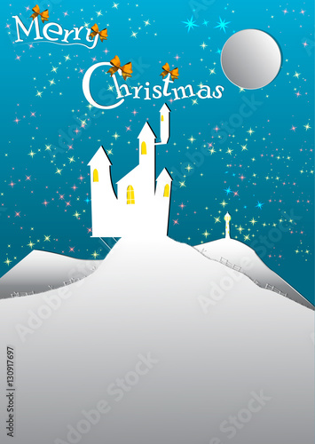 Postcard or invitation to the Christmas and New Year holidays. Castle on the hill.