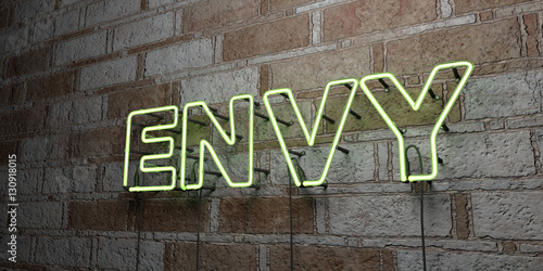 Fényképezés ENVY - Glowing Neon Sign on stonework wall - 3D rendered royalty free stock illustration